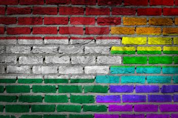 Dark brick wall texture - coutry flag and rainbow flag painted on wall - Hungary
