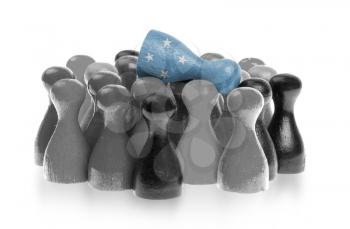 Blue pawn is crowdsurfing over a collection of different colors of pawns