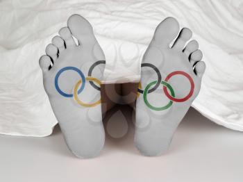 Body under a white sheet, suicide, sleeping, murder or natural death, olympic rings