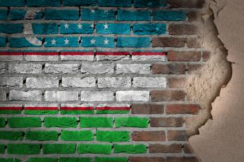Dark brick wall texture with plaster - flag painted on wall - Uzbekistan
