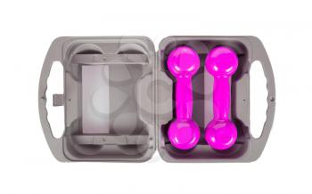 Pink dumbbells in a grey case, isolated on white