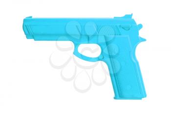 Blue training gun isolated on white, law enforcement