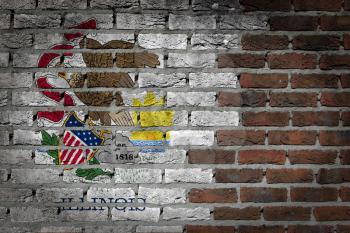 Very old dark red brick wall texture with flag - Illinois