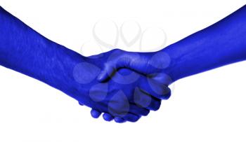 Shaking hands of two people, male and female, blue skin