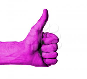 Closeup of male hand showing thumbs up sign against white background, pink skin