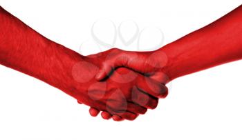 Shaking hands of two people, male and female, red skin