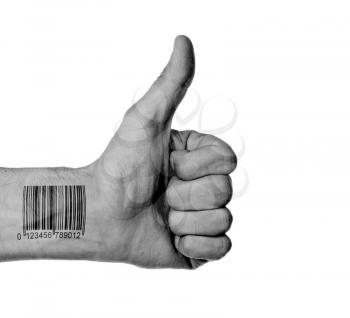Thumb up with barcode, isolated on white