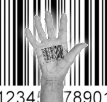 Open hand with barcode, isolated on white