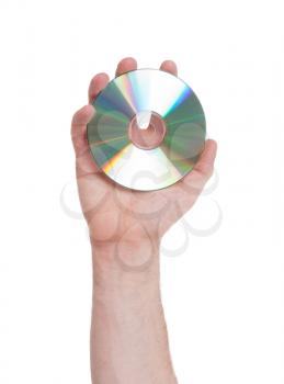 Man hand with compact disc isolated on white background