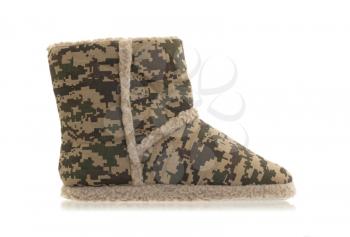Warm slipper with camouflage print, isolated on white