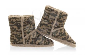 Warm slippers with camouflage print, isolated on white