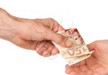 Man giving 50 euro to a woman, isolated on white, blood