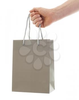 Shopping man, gift bag, isolated on white