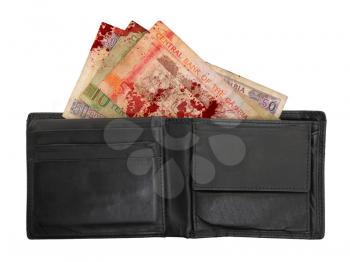 Gambian dalasi bank notes in a leather wallet, selective focus, blood