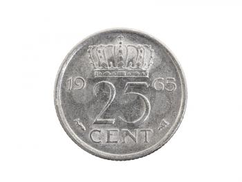 Old dutch coin worth 25 cents - Isolated on White