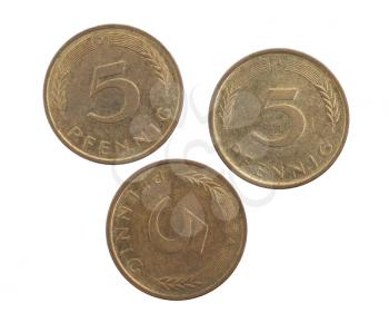 Five Pfennig coins Germany, isolated on white