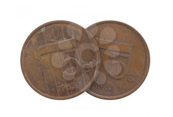 Old 5 euro cent coins, isolated on white