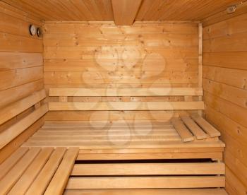 Interior of small home Finnish wooden sauna