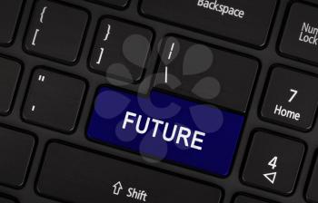 Future text on blue laptop keyboard key