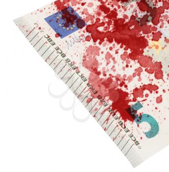 Close-up of a 5 euro bank note, isolated, stained with blood