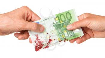 Man giving 100 euro to a woman, isolated on white, bloody