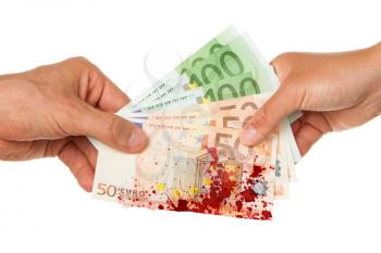 Man giving 450 euro to a woman, isolated on white, bloody