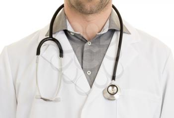 Close up of male doctor with stethoscope, isolated on white