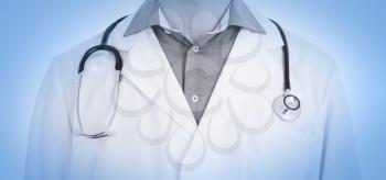 Close up of male doctor with stethoscope, isolated, medical blue