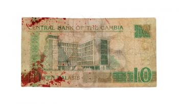 5 Gambian dalasi bank note, isolated, bloody