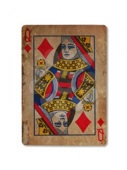 Very old playing card isolated on a white background, Queen of diamonds