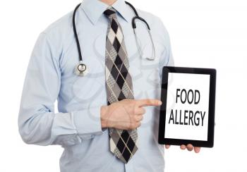 Doctor, isolated on white backgroun,  holding digital tablet - Food allergy