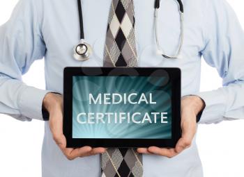 Doctor, isolated on white backgroun,  holding digital tablet - Medical certificate