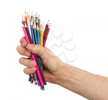 Used pencils in hand isolated on white background