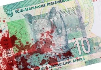 Ten South African Rand, part of a complete banknote, blood