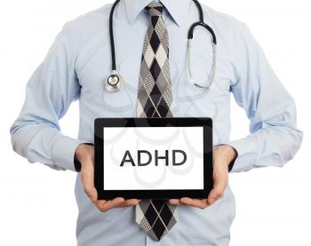 Doctor, isolated on white backgroun,  holding digital tablet - ADHD