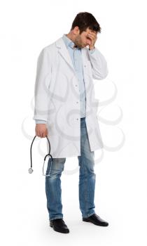 Doctor with a stethoscope trying to deliver bad news, isolated