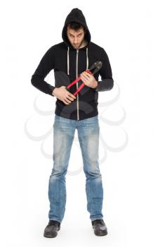 Robber with red bolt cutters, isolated on white