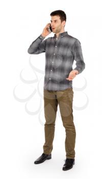 Caucasian man on the phone - confusing phone call, isolated on white