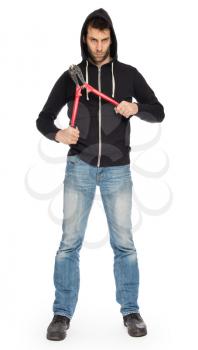 Robber with red bolt cutters, isolated on white