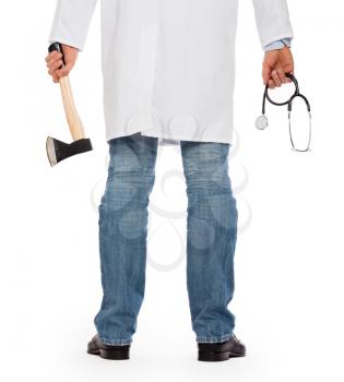 Evil medic holding a small axe and stethoscope, isolated on white