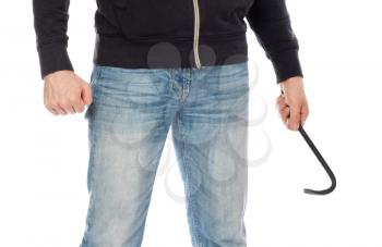 Crime concept. Criminal in hood with crowbar in hand, isolated on white