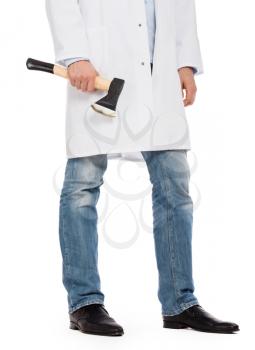 Evil medic holding a small axe, isolated on white