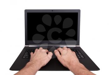 Hands on laptop keyboard with black screen monitor