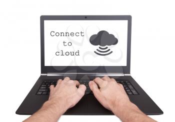 Man working on laptop, connect to cloud, isolated