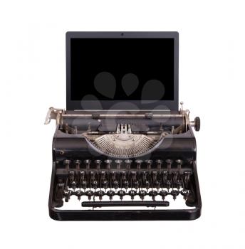 Typewriter with modern laptop screen, isolated on white