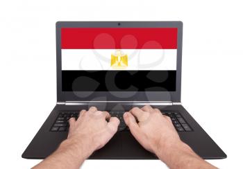 Hands working on laptop showing on the screen the flag of Egypt