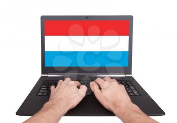 Hands working on laptop showing on the screen the flag of Luxembourg