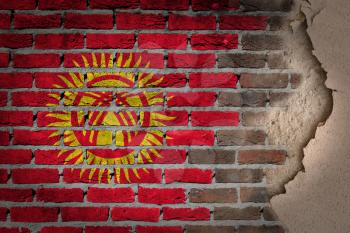 Dark brick wall texture with plaster - flag painted on wall - Kyrgyzstan