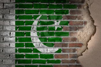 Dark brick wall texture with plaster - flag painted on wall - Pakistan