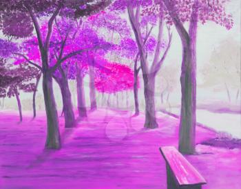 Landscape painting showing beautiful sunny autumn day in a park, pink